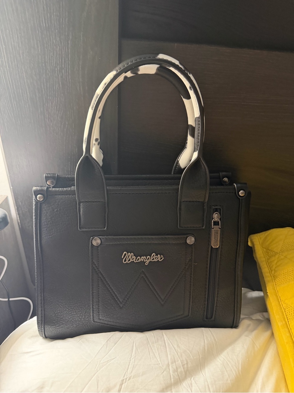 Wrangler Black and White Cowhide-Accent Satchel - Picture 2 of 6